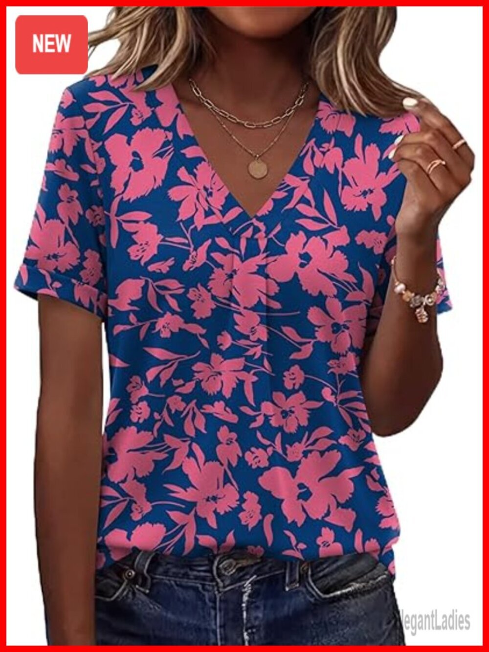 V Neck Short Sleeve Tunic with Rolled Cuffs Polyester Rayon Blend
